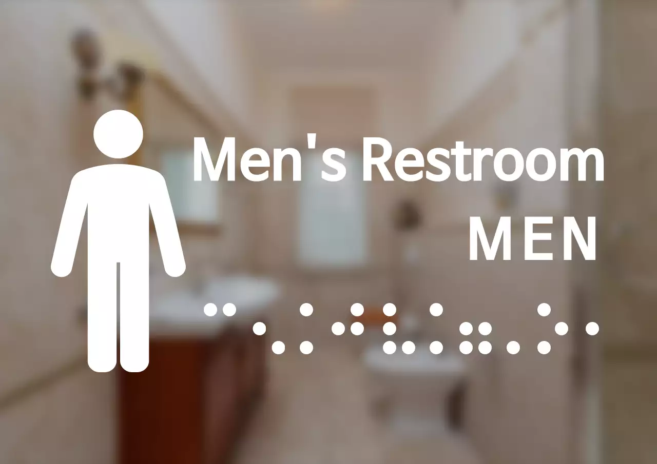 Papan nama untuk toilet pria dengan desain braille yang bersih dan bergaya