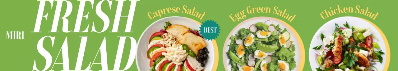 Thực đơn bữa nửa buổi được thể hiện bằng bố cục phông chữ đậm và nhịp nhàng cùng ảnh salad