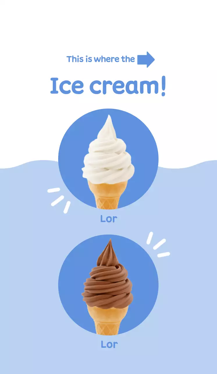 Mempromosikan menu yang terlihat bersih dan imut dengan es krim putih dengan latar belakang biru muda