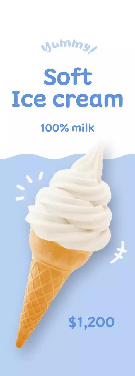 Mempromosikan menu yang terlihat bersih dan imut dengan es krim putih dengan latar belakang biru muda
