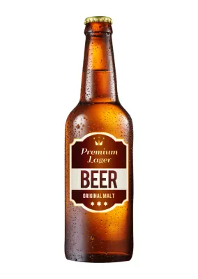 Mempromosikan minuman botol bir dalam warna emas dan cokelat