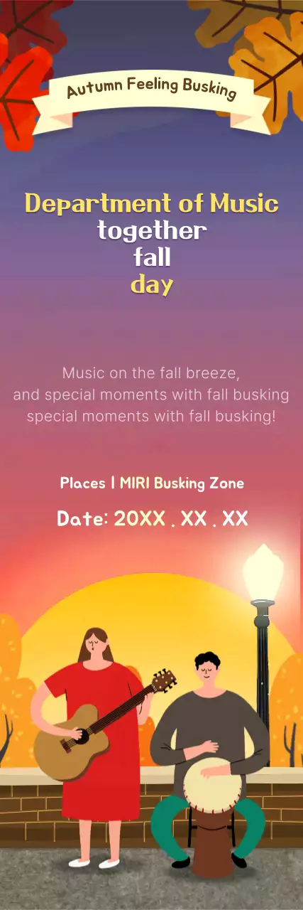 Autumn busking with red and yellow maple leaves and a pink sunset background