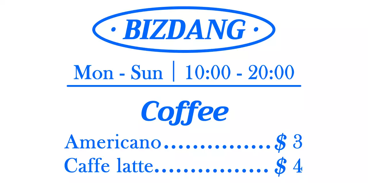 Simple, clean text-aligned layout style in blue and white for a cafe menu board for information and promotion