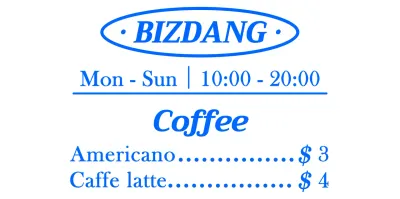 Simple, clean text-aligned layout style in blue and white for a cafe menu board for information and promotion