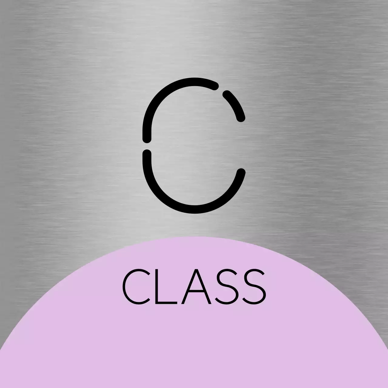 A placeholder sign with light purple-pink shapes and black school class names.