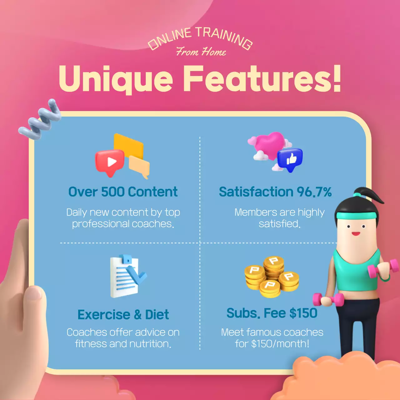 Promote a cute, green and pink 3D contactless workout home platform application