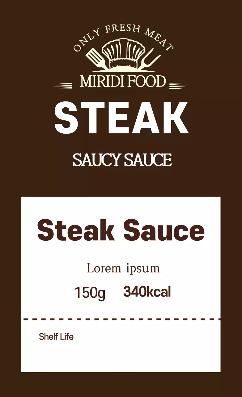 Label saus steak makanan yang rapi dengan logo cokelat