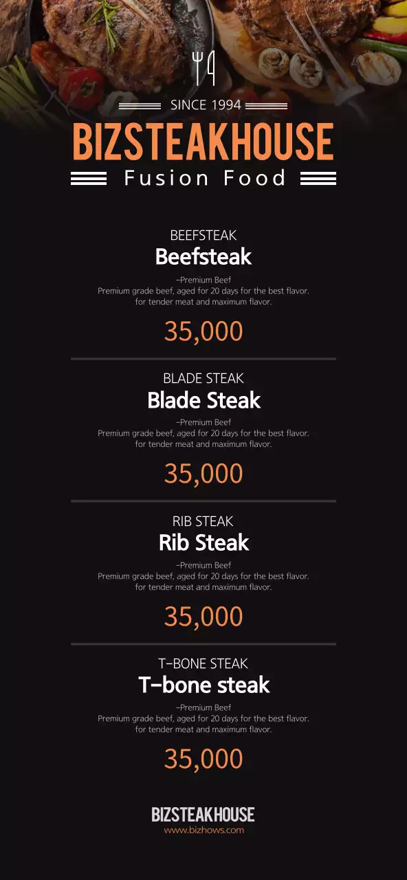 Pricing for a simple black and orange steakhouse menu