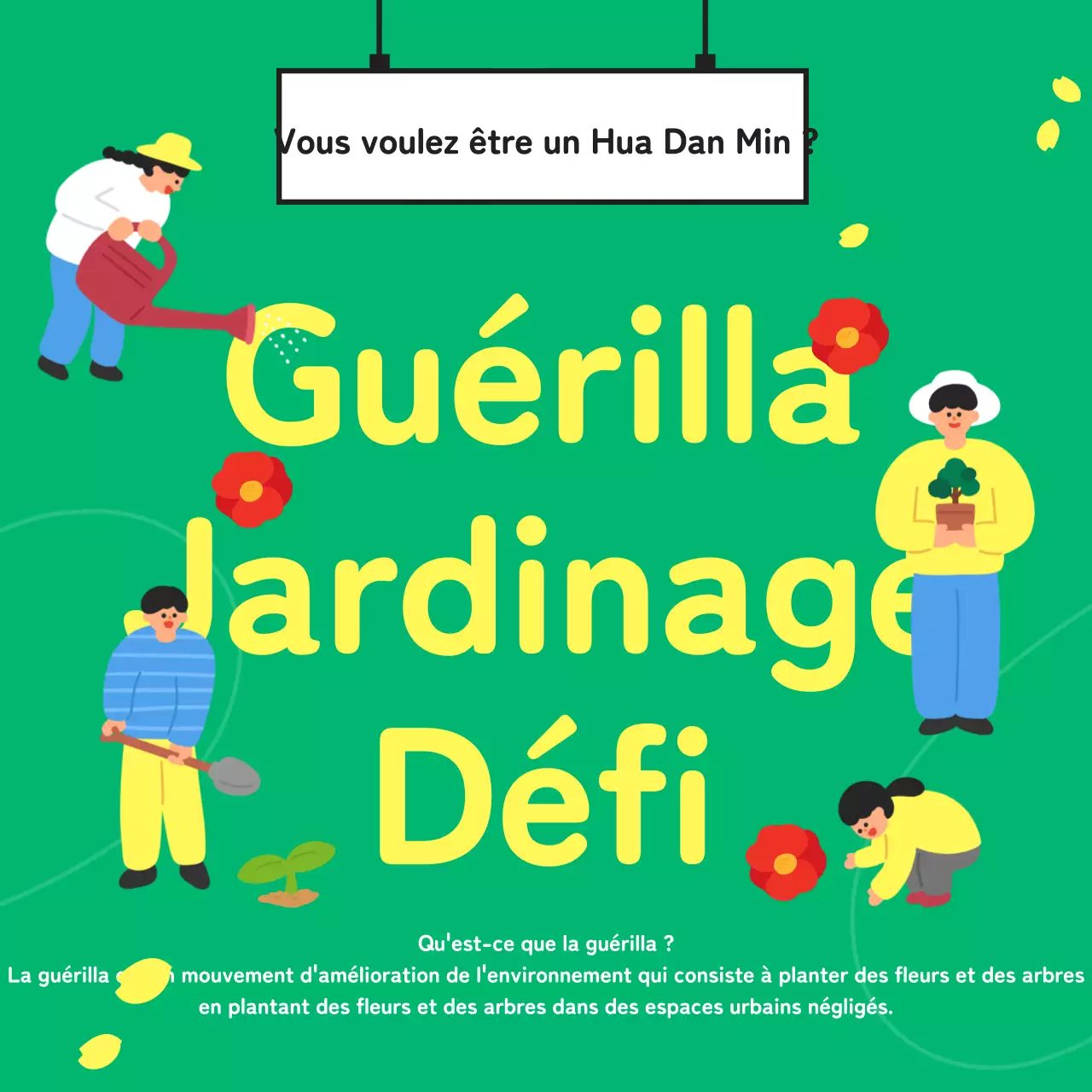 Défi de guérilla jardinière avec un concept mignon, vert et illustré pour améliorer l'environnement