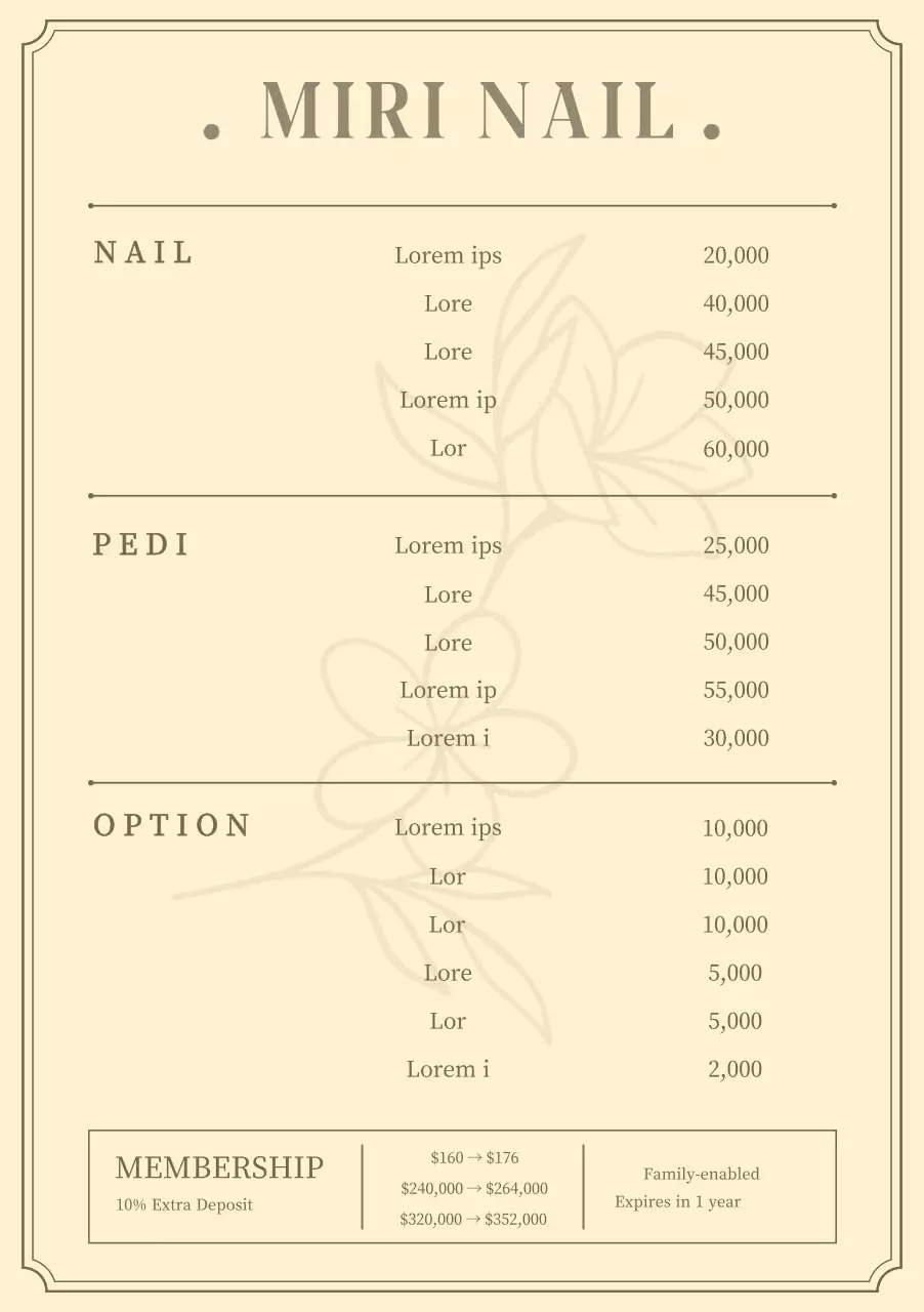 Poster menu kuku dengan ilustrasi bunga dengan latar belakang warna krem muda