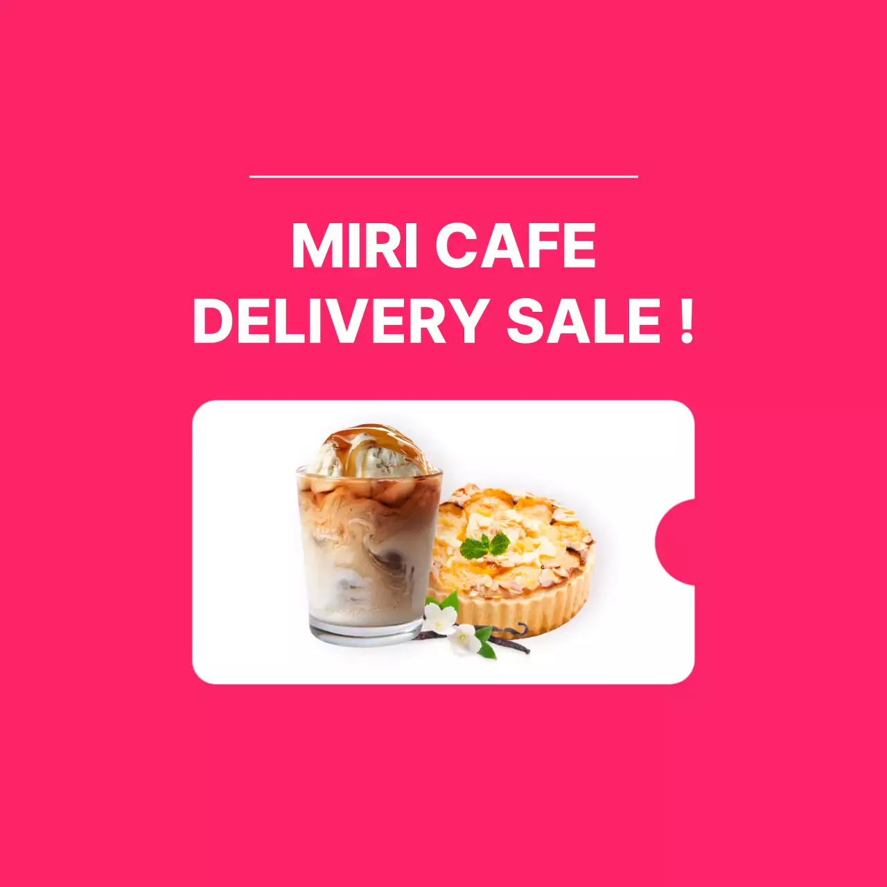 Stiker pengiriman kafe lingkaran dengan latar belakang merah muda gelap