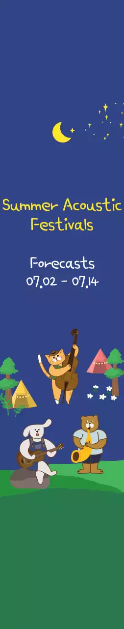 Gaya ilustrasi lucu dengan warna biru tua dan kuning untuk informasi dan promosi festival akustik musim panas
