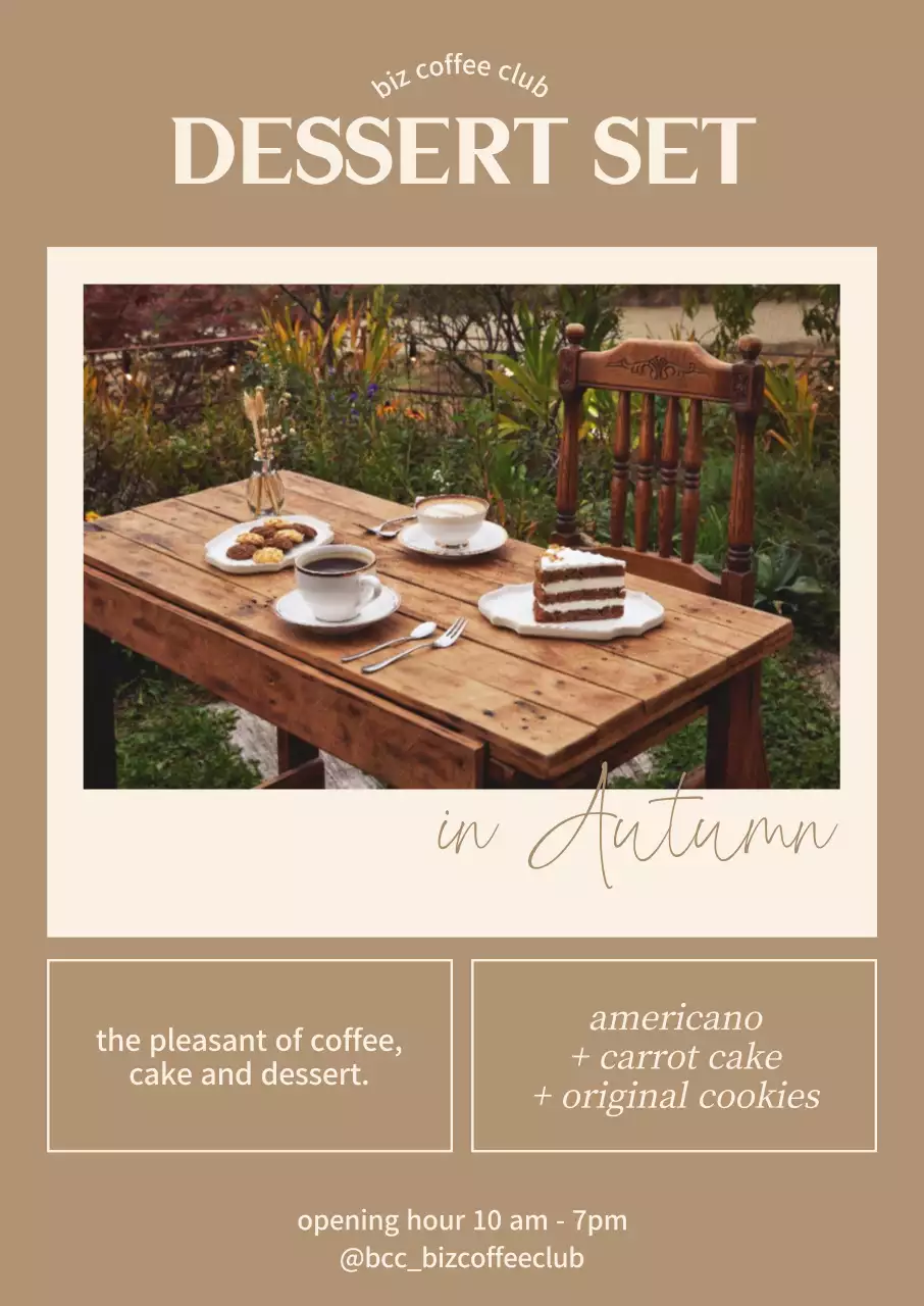 Vertical poster with a photo of a dessert and a text box on a brown background