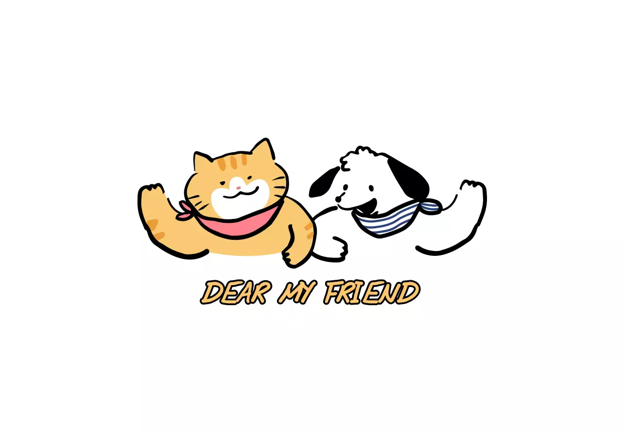 Design with line illustrations of cute cats and dogs saying hello in different colors