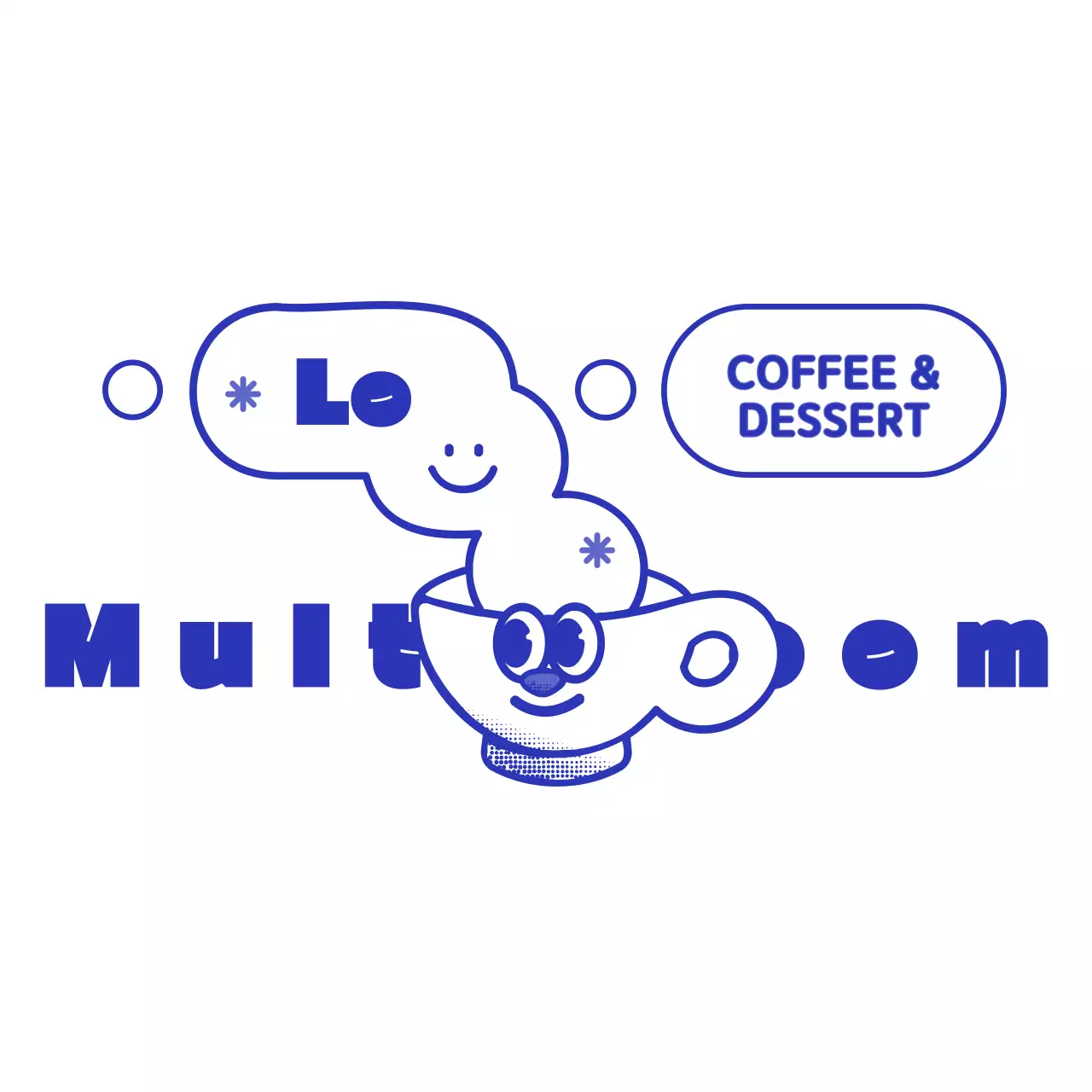 Gaya logo kedai kopi karakter cangkir kecil yang lucu dengan warna biru tua dan putih