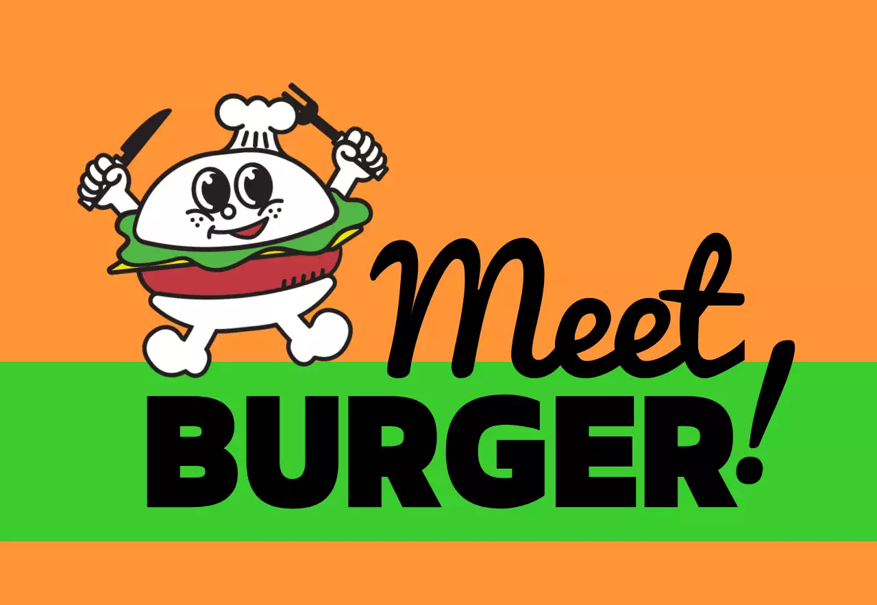Unique storefront signage with colorful, multicolored Meat Burger text and cute burger characters