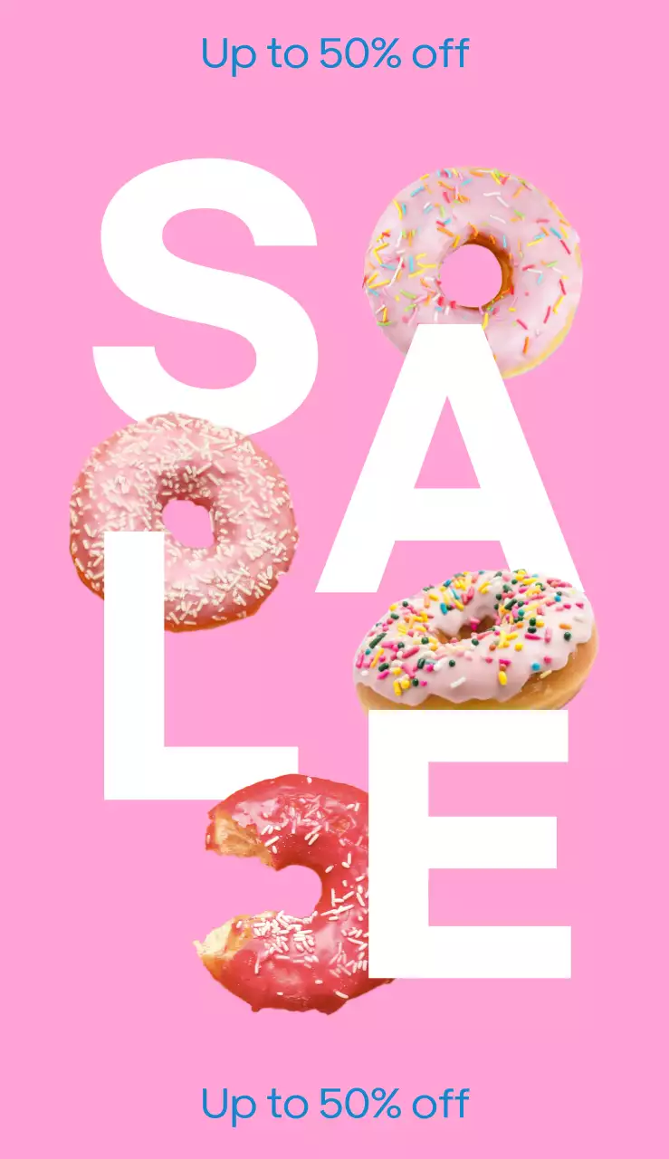 A simple, colorful billboard with text and photos about a donut sale event.