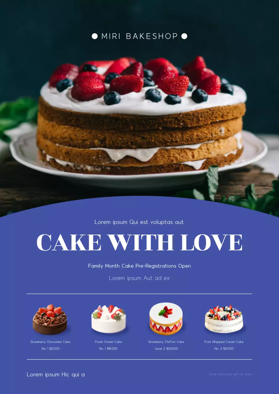 Promosi kue yang rapi dengan aksen biru