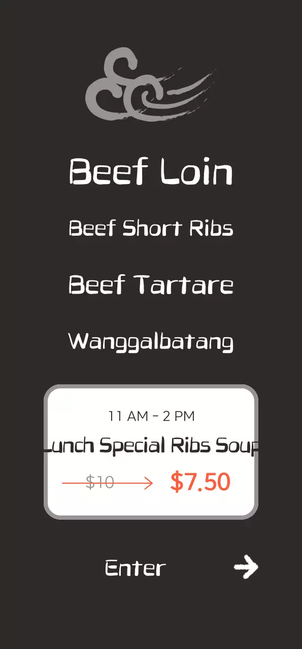 Promote a clean, Korean-inspired restaurant with images of Korean beef on a black background.