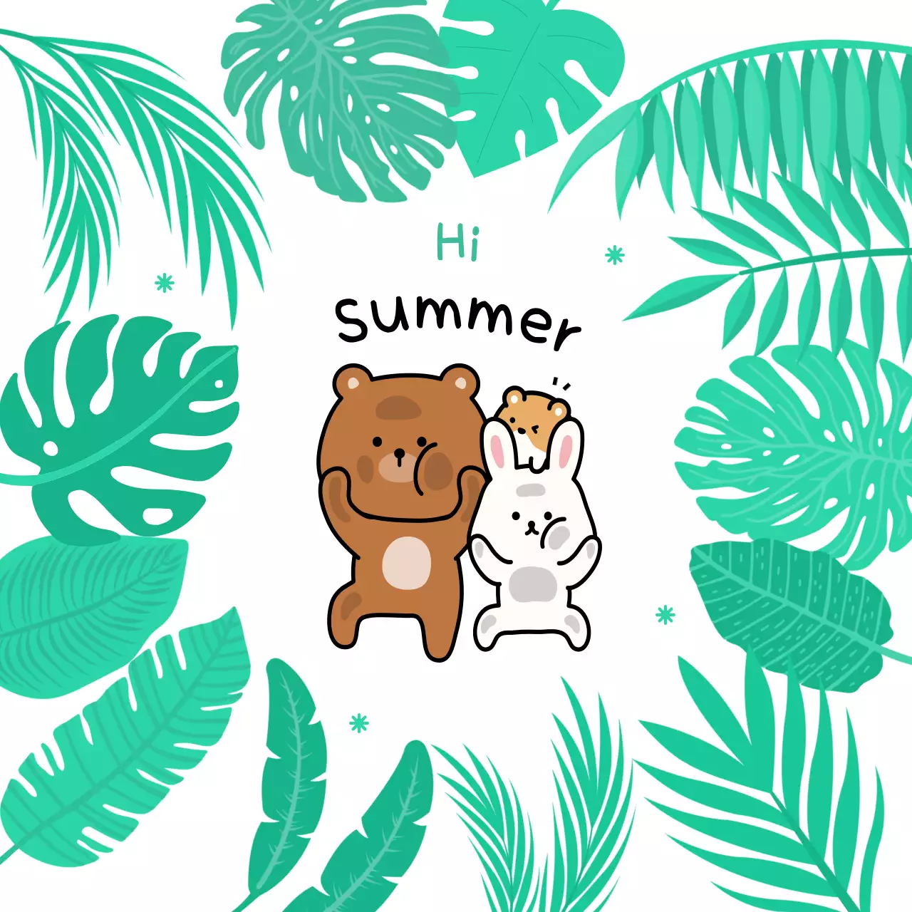 Summer personalized merchandise with cute animal illustrations and lush green foliage.