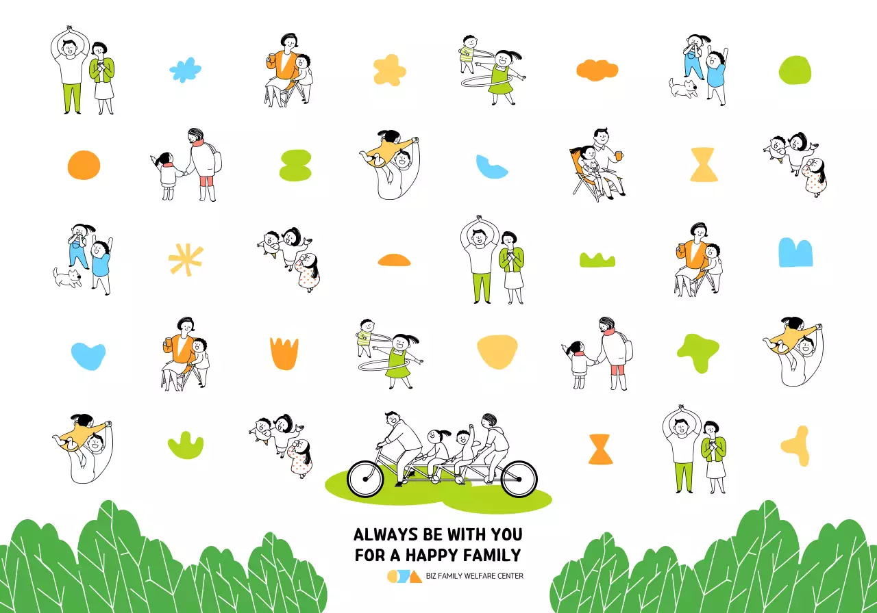 For sharing at welfare centers with a fold-out pocket featuring an illustration of a harmonious family in a simple, colorful design.