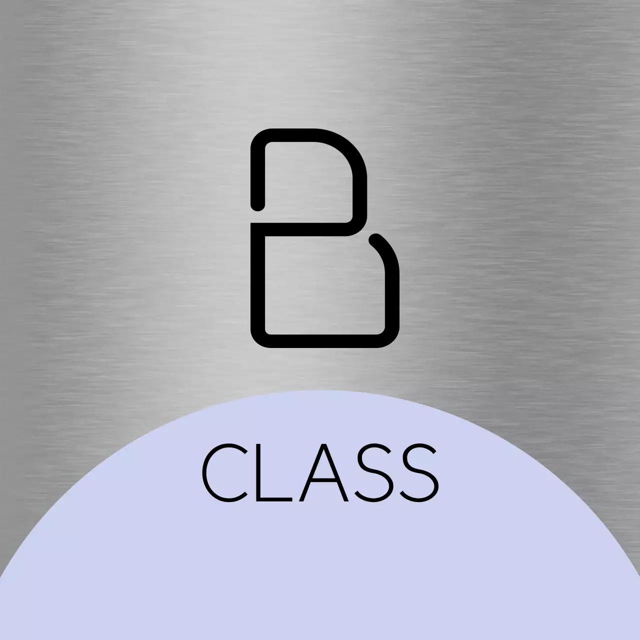 A placeholder sign with light purple-pink shapes and black school class names.