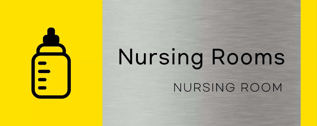 Simple placeholder signage with yellow and black building lactation room names and a square baby bottle icon.