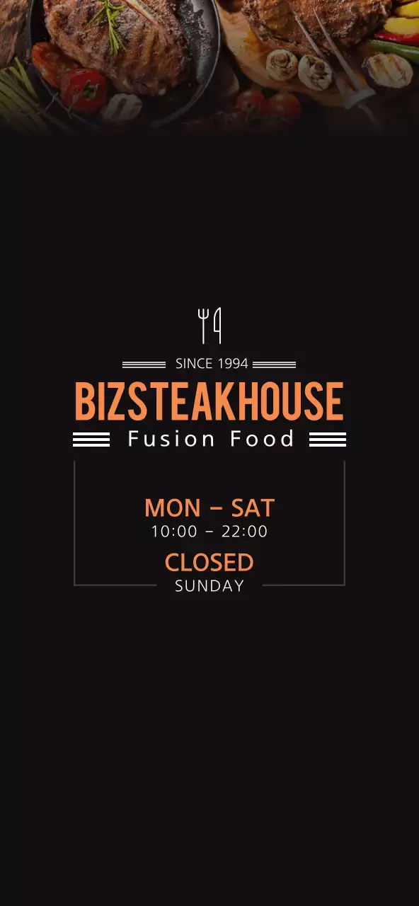 Pricing for a simple black and orange steakhouse menu