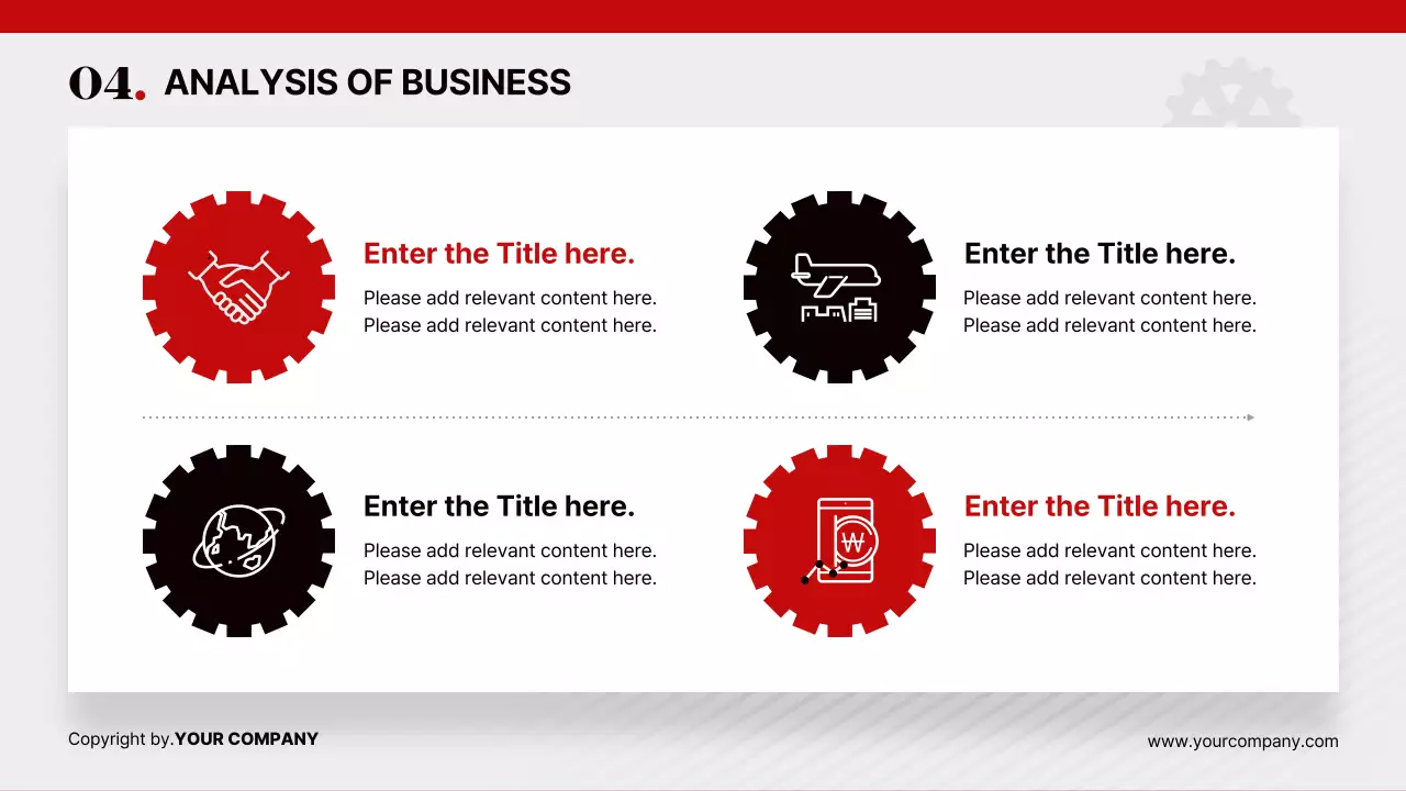 레드 화이트 톱니바퀴 테마의 심플하고 세련된 다이어그램 위주의 제안서