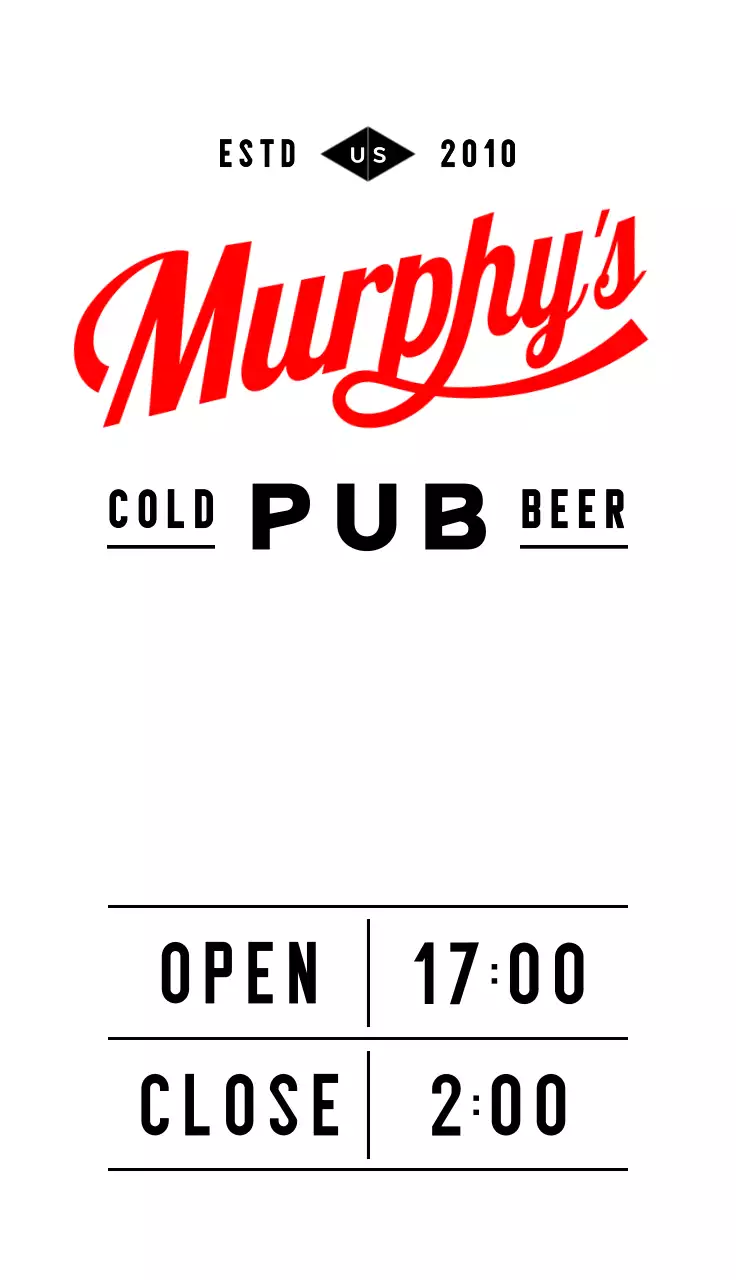 Papan nama jam buka menu yang terinspirasi dari gaya retro dengan teks dan ilustrasi etalase pub berwarna putih, hitam, dan merah