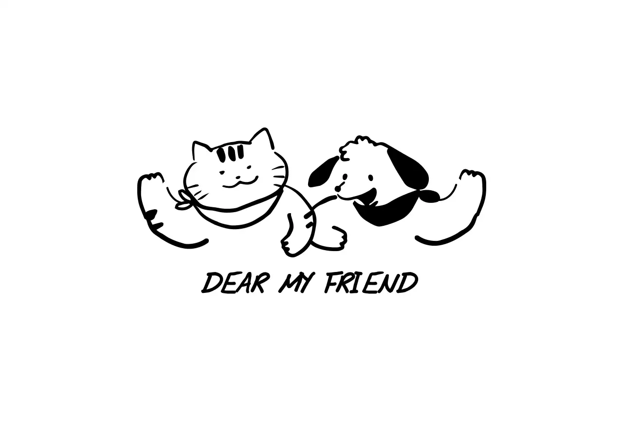 Design with a line illustration of a cute cat and dog saying hello in black.