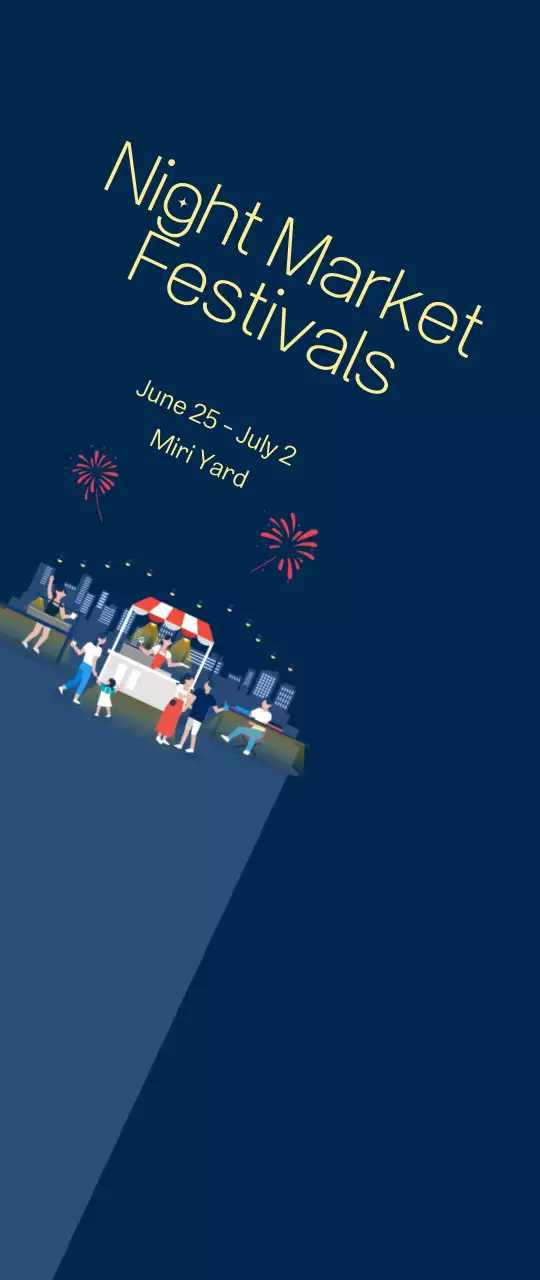 Night market festival promotion small with fireworks on navy blue background