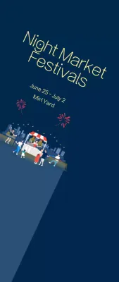 Night market festival promotion small with fireworks on navy blue background