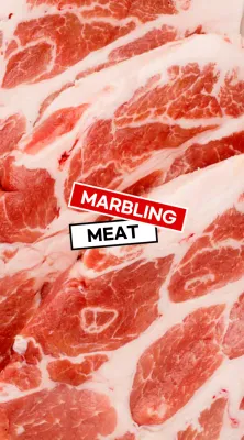 Marbling raw meat with red and white labels