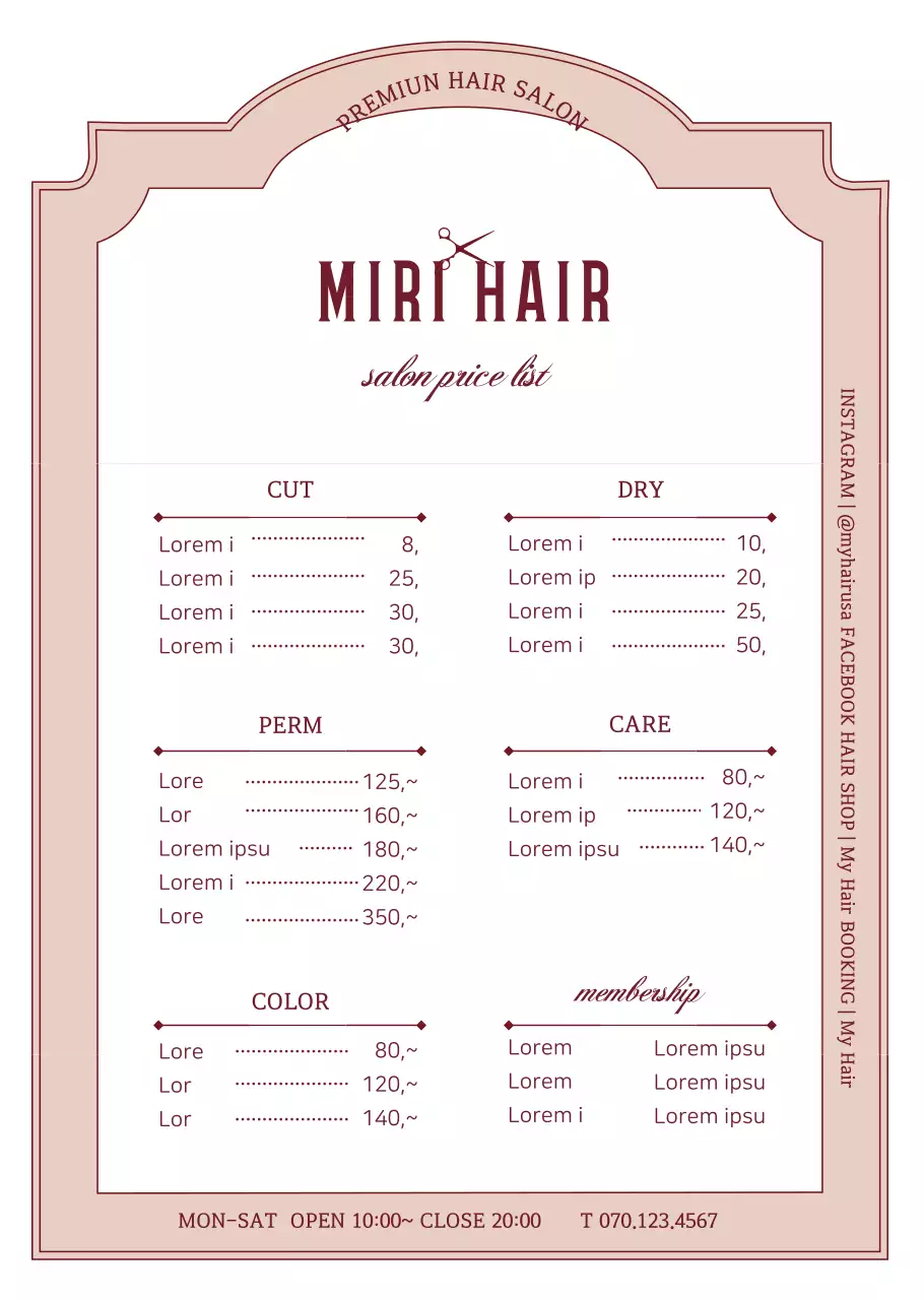 Hair salon price menu board in pink vintage frame