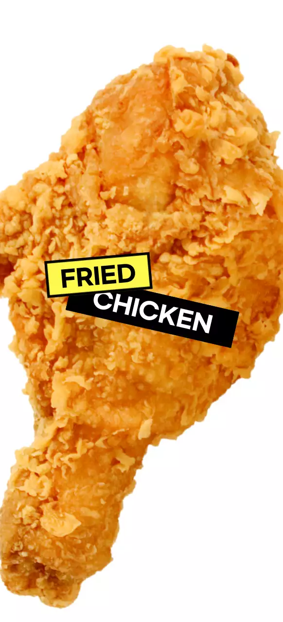 Fried chicken in yellow and black labels