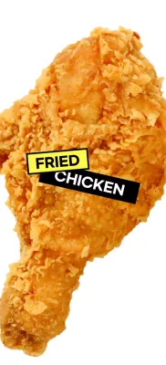 Fried chicken in yellow and black labels