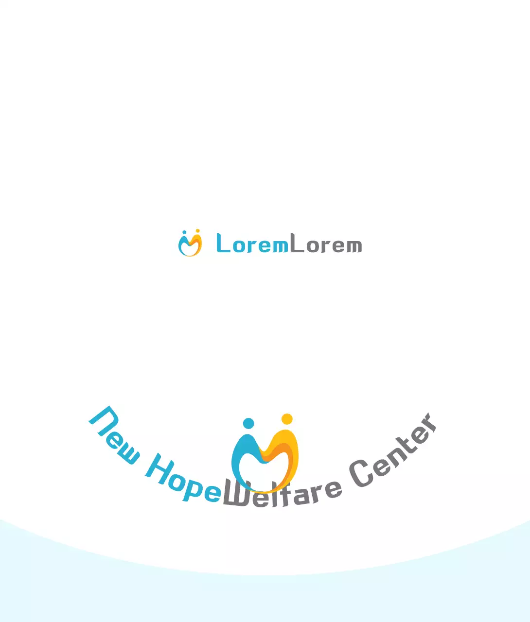 Bentuk logo pusat kesejahteraan konseptual yang sederhana dengan warna biru muda dan oranye