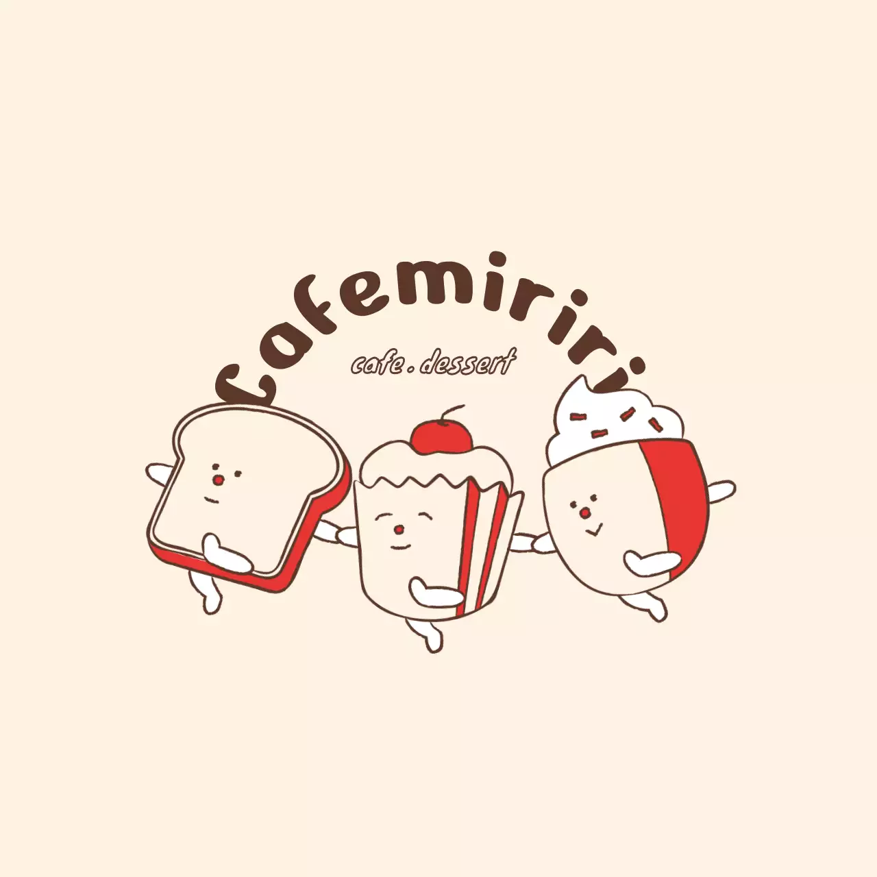 Merchandise kafe yang lucu dengan karakter makanan kafe berwarna krem dan merah