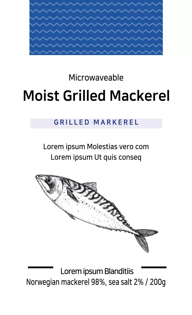 Label kemasan makarel ikan bergambar biru