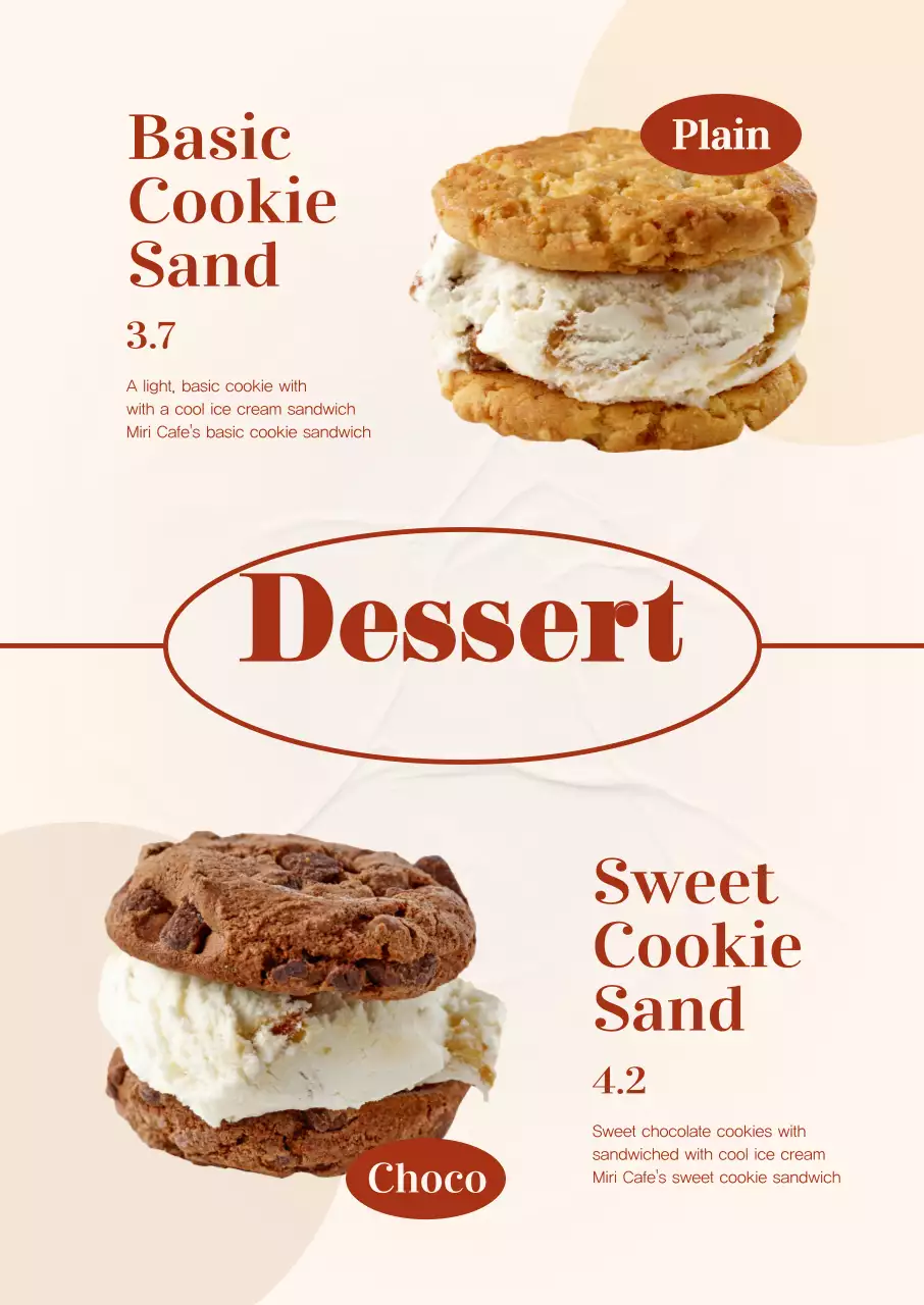 Memperkenalkan menu hidangan penutup kafe dengan warna gading dan merah