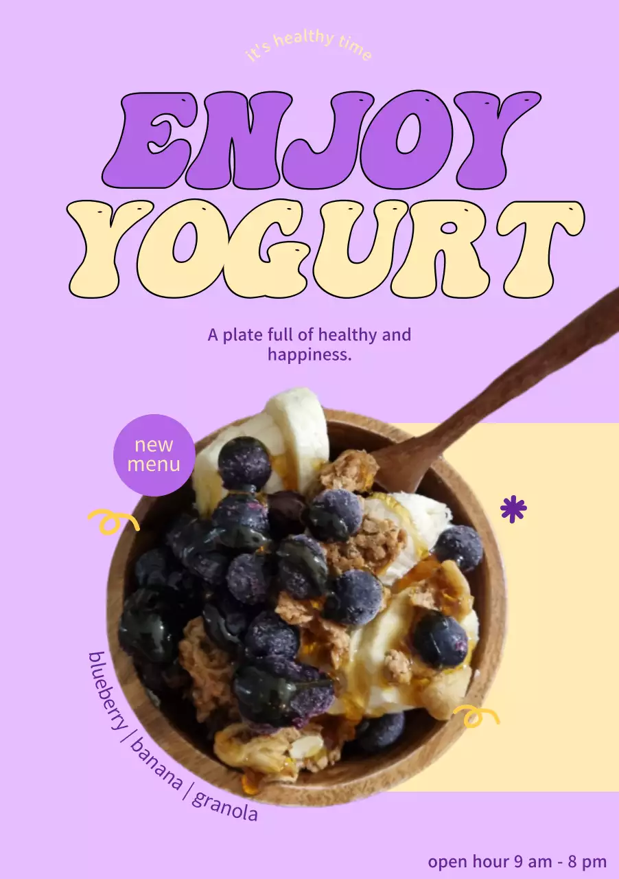 Poster có tiêu đề năng động với sự kết hợp giữa màu tím và màu vàng