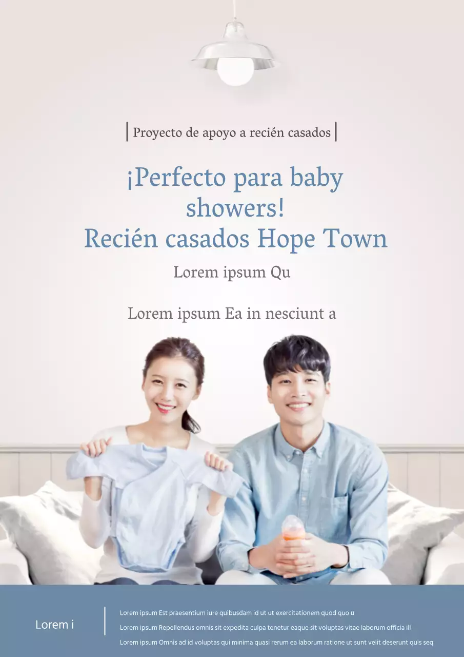 Promocionar los servicios públicos de apoyo en la unidad de recién casados con una foto de los recién casados en rosa y azul.