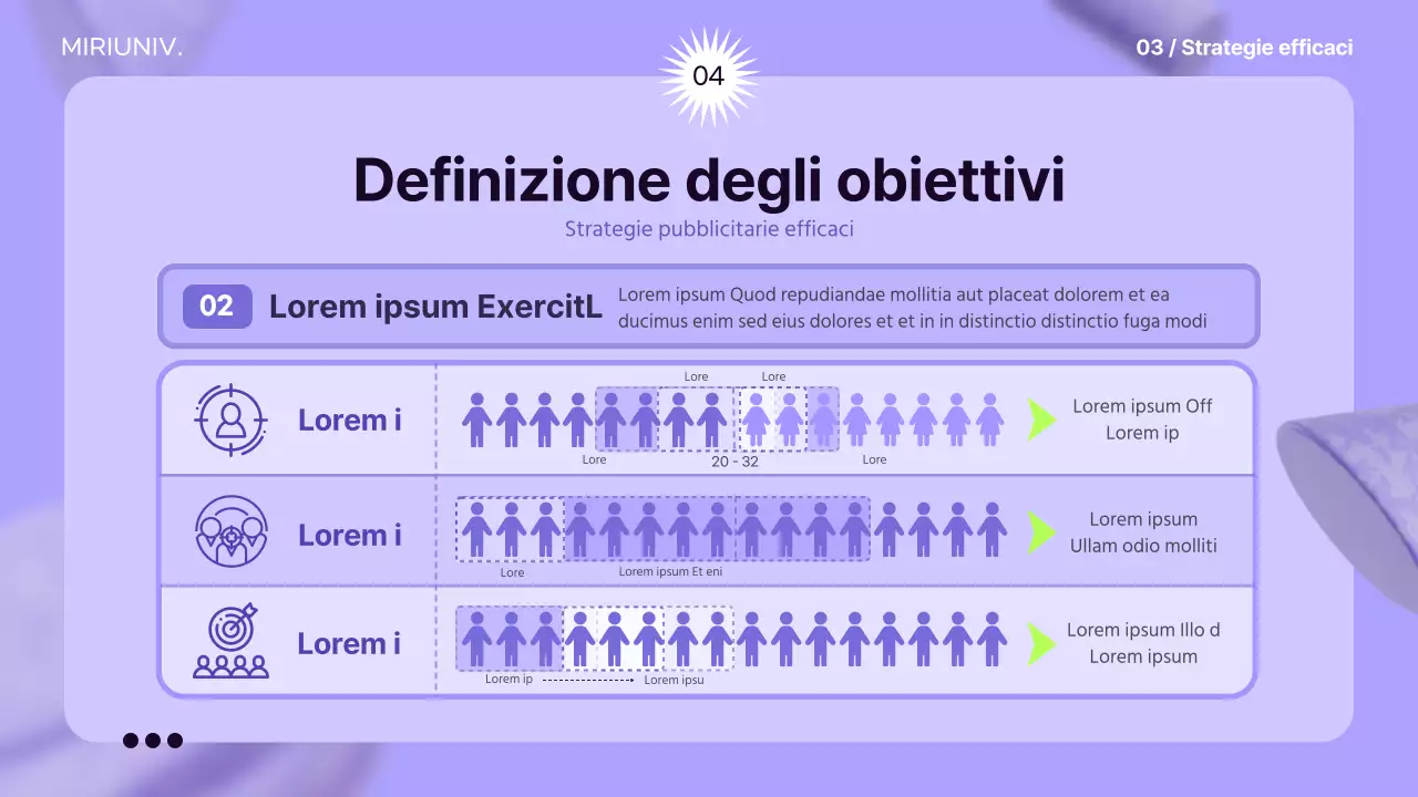 Utilizzare elementi 3D su uno sfondo color malva per creare un senso di spazio e informare la strategia pubblicitaria.