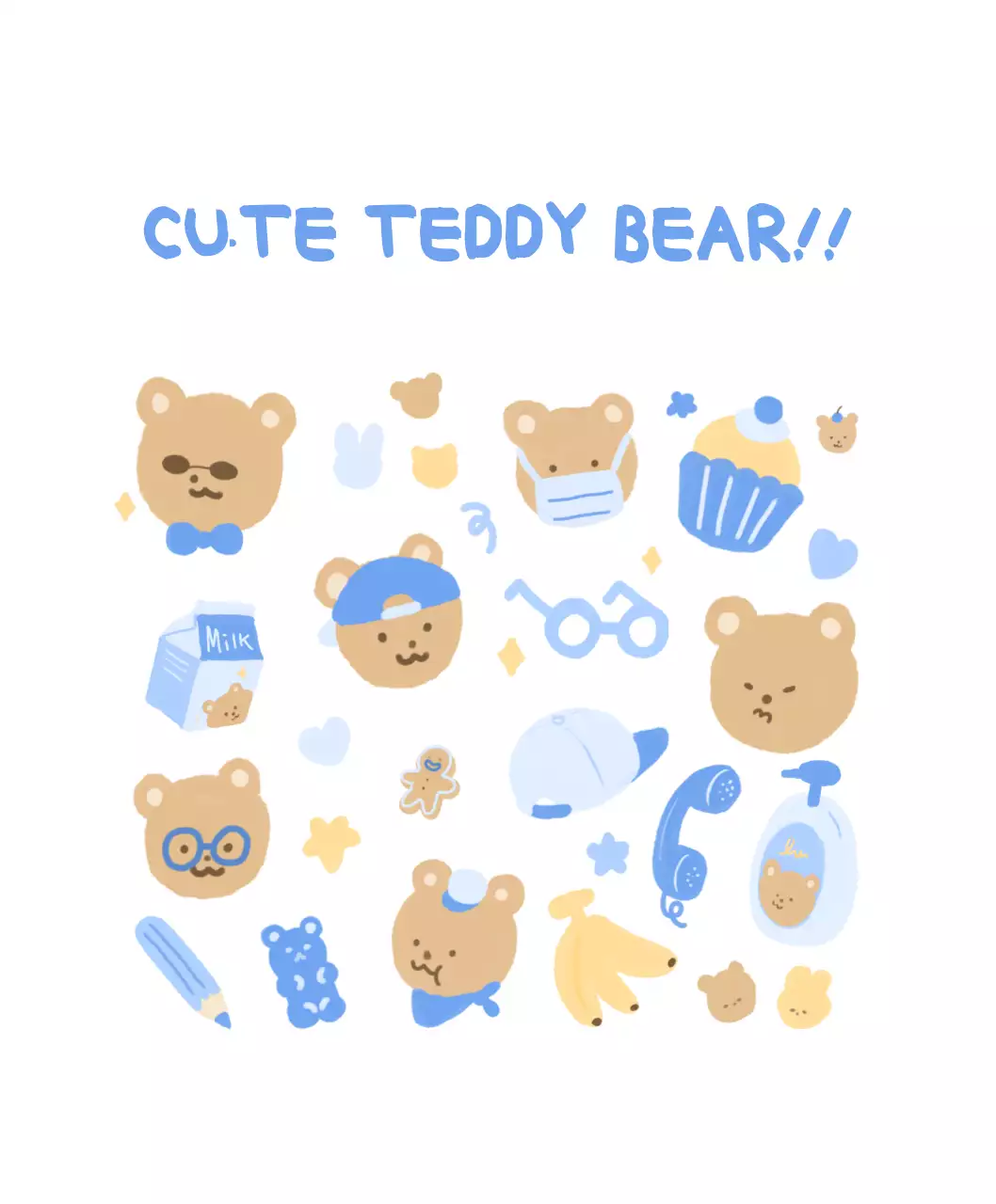 biru, putih, imut, boneka beruang, beruang, ilustrasi, pribadi, barang dagangan, susu, kue, bintang, hati, pisang, jeli, kue mangkuk, topi, alas mouse, imut