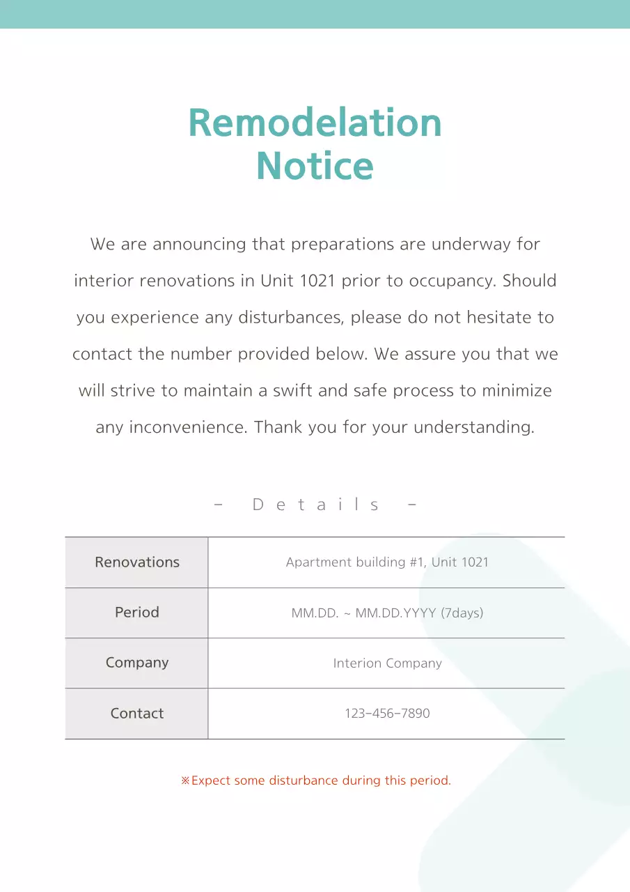 Mint Simple Renovation Notice