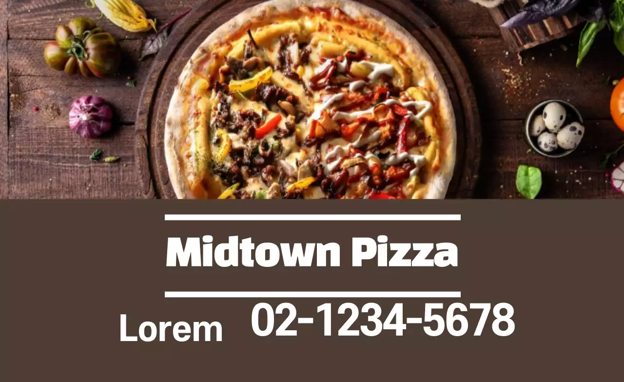Neat pizza label with brown photo accent