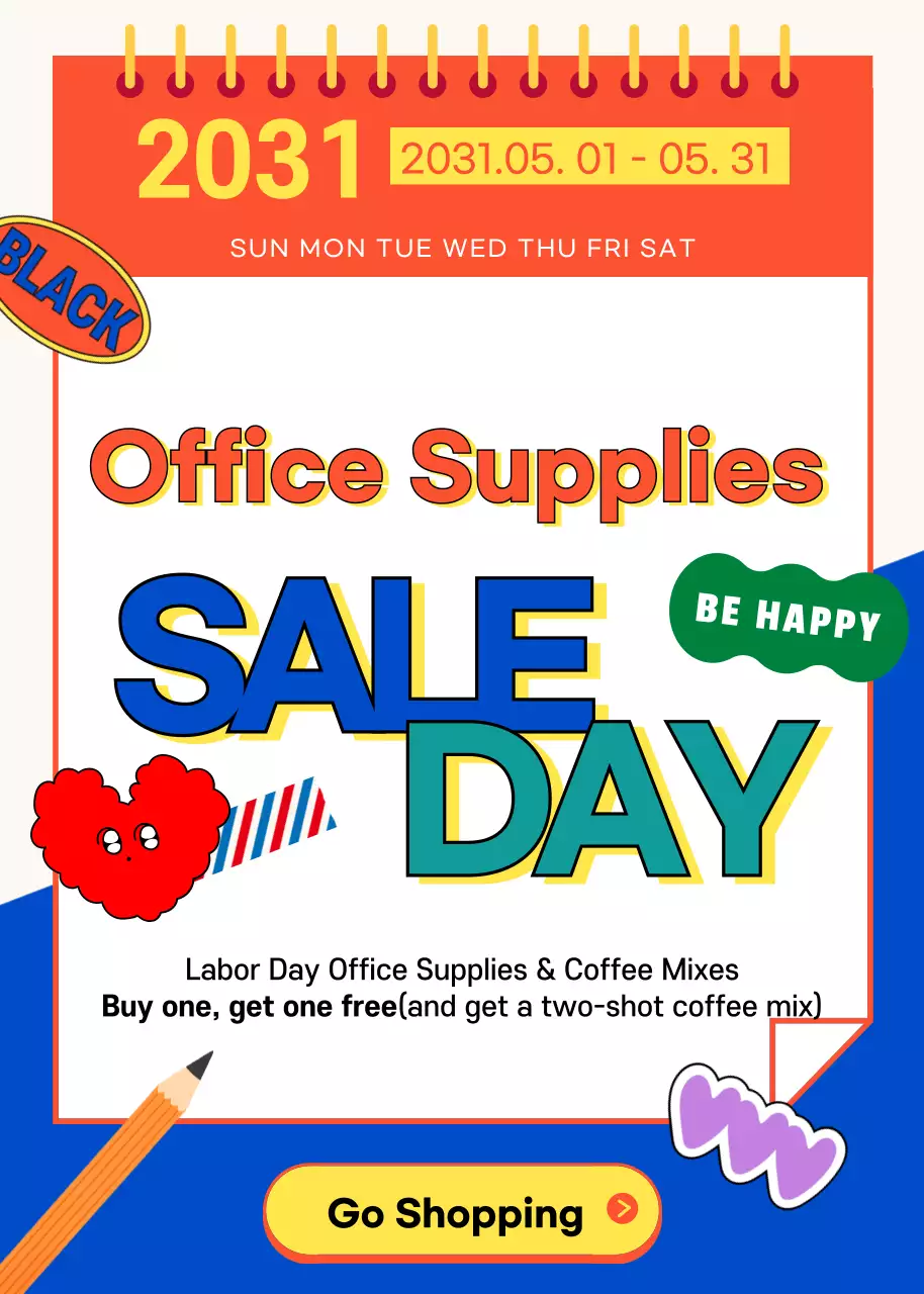 Venda de material de escritório colorido para o Dia do Trabalhador em laranja e azul