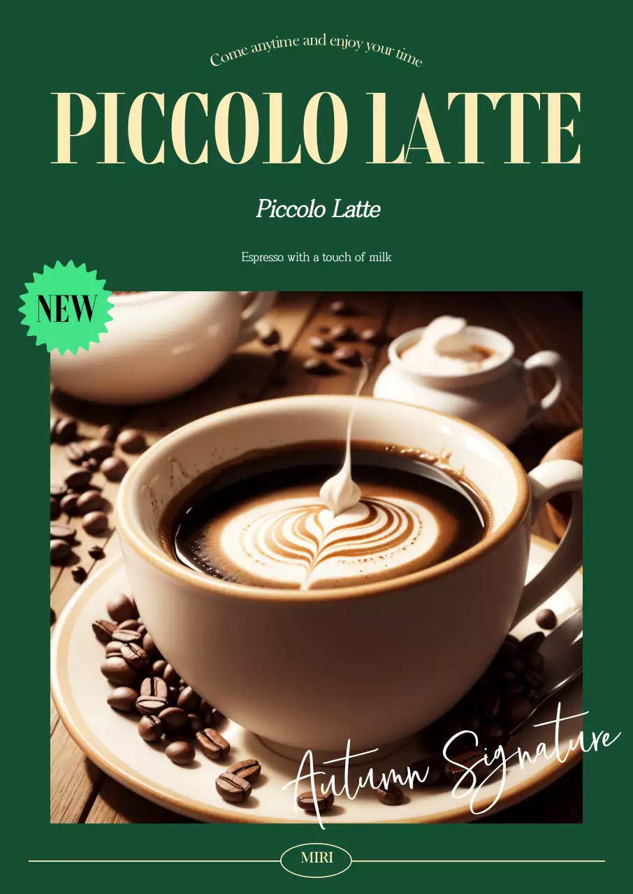 A cafe menu with an autumnal, dark green background, a latte photo, and an English font for a sentimental feel.
