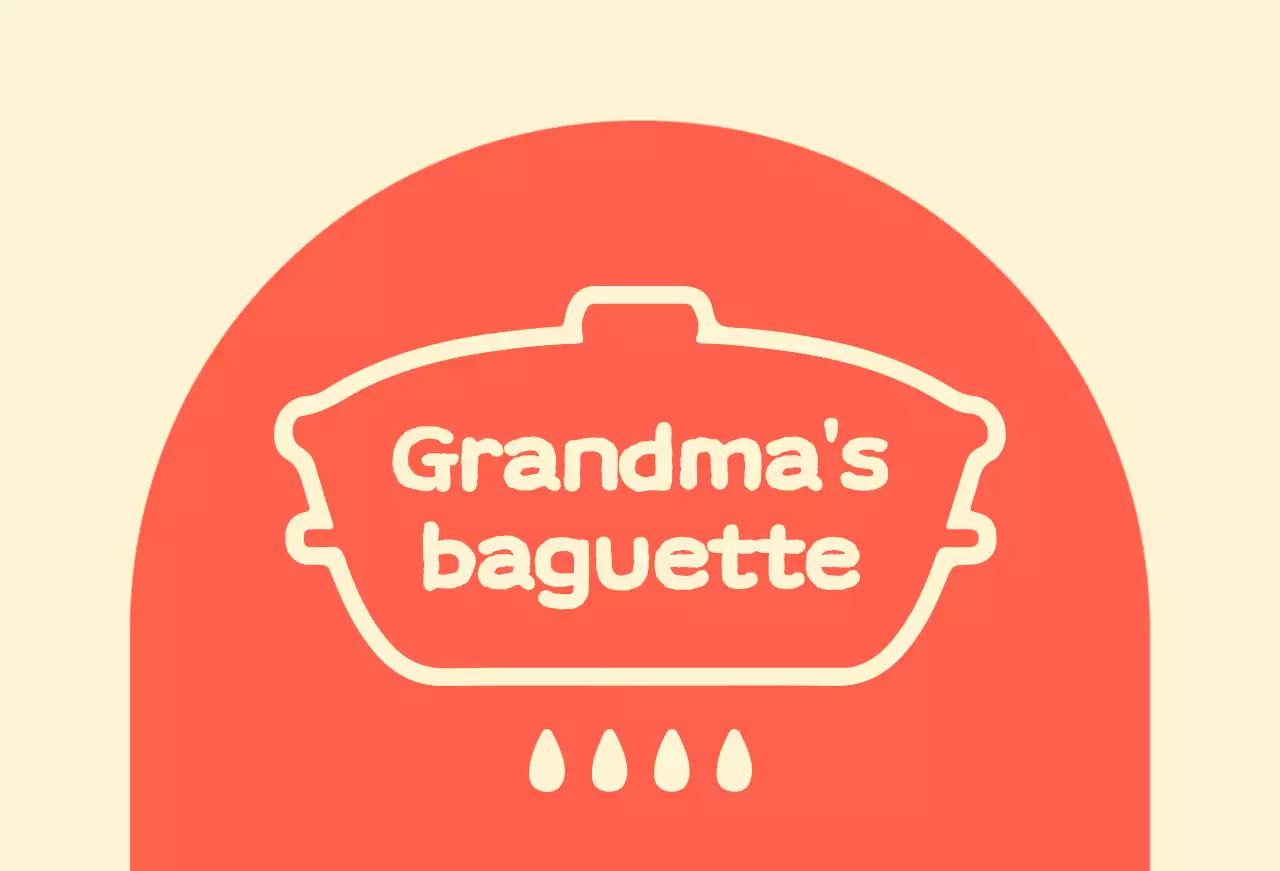 Grandma's baguette shop balsa with an arched red shape on an ivory background